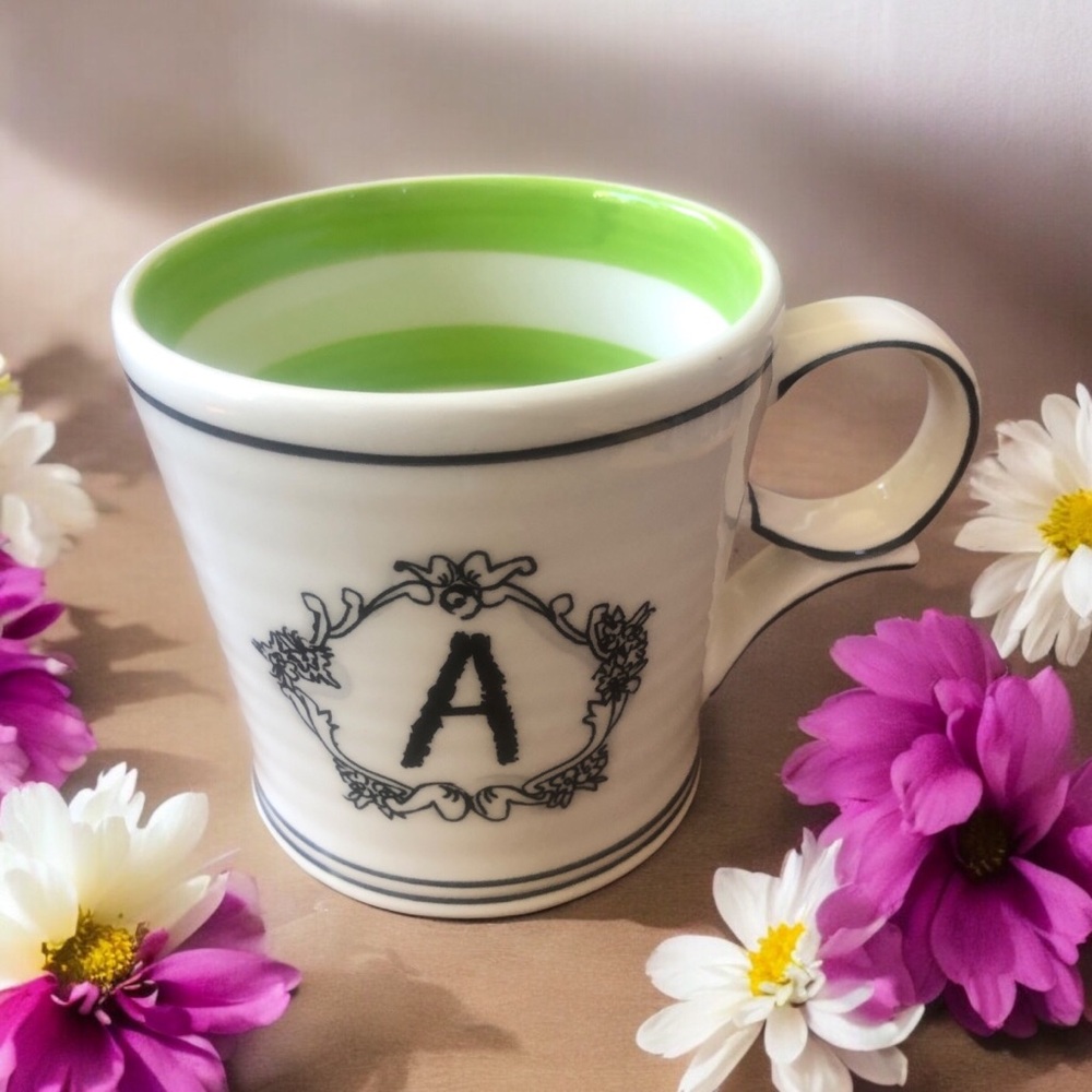 Anthropologie Katie Mandy Monogram A Coffee Mug White Black Green Stripe Inside